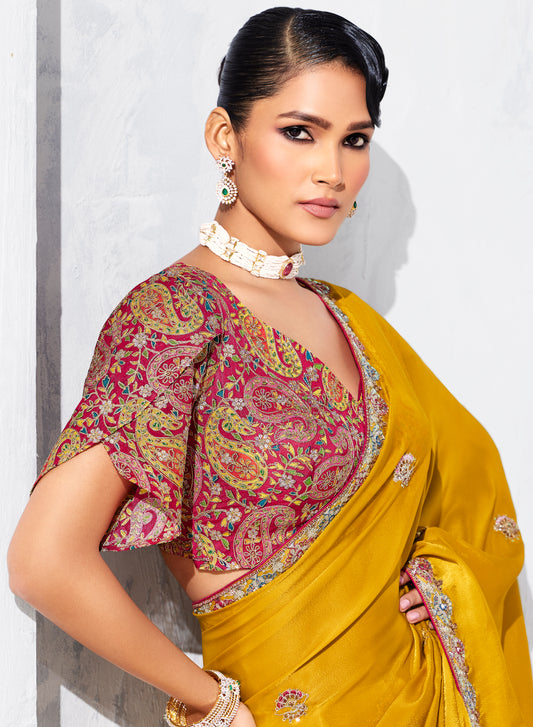 Mustard Fancy Fabric Embroidered Contemporary Saree