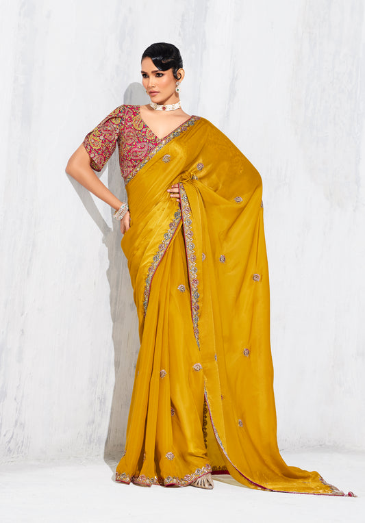 Mustard Fancy Fabric Embroidered Contemporary Saree