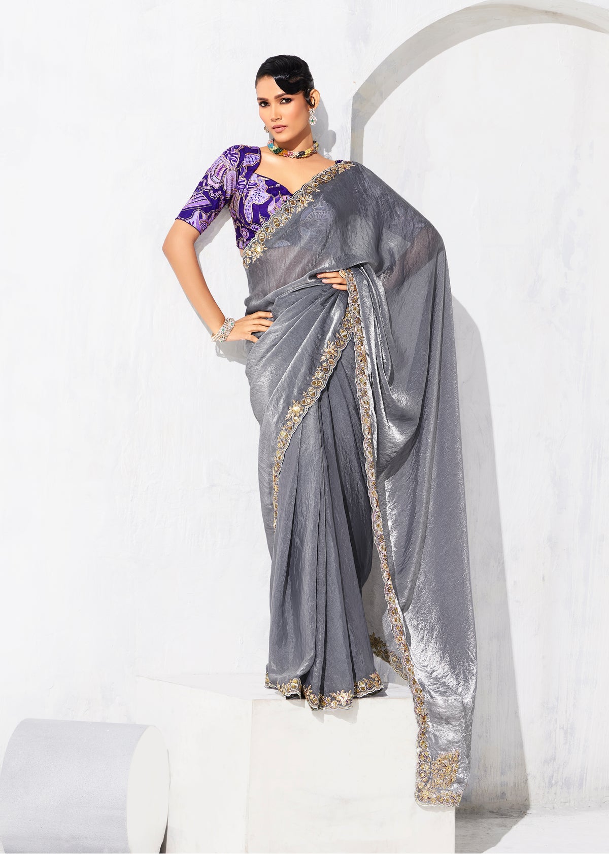 Grey Fancy Fabric Embroidered Contemporary Saree