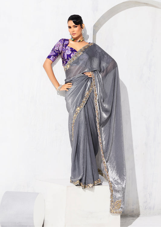 Grey Fancy Fabric Embroidered Contemporary Saree