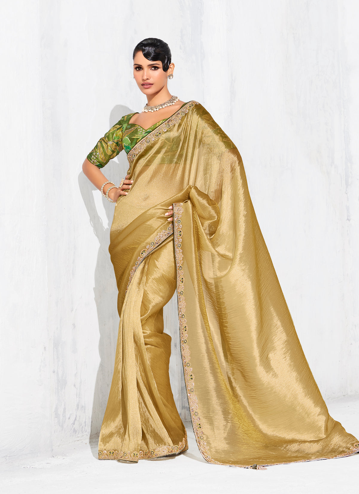 Golden Fancy Fabric Embroidered Contemporary Saree