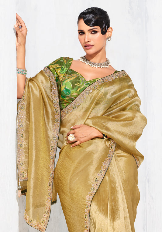 Golden Fancy Fabric Embroidered Contemporary Saree