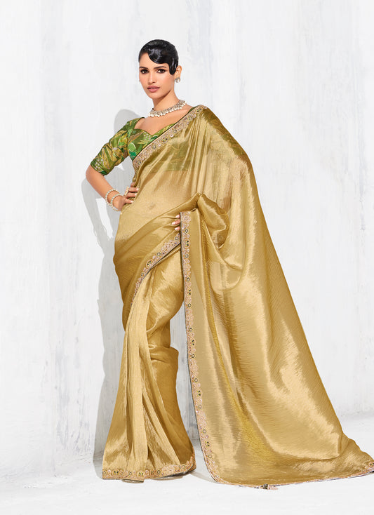 Golden Fancy Fabric Embroidered Contemporary Saree