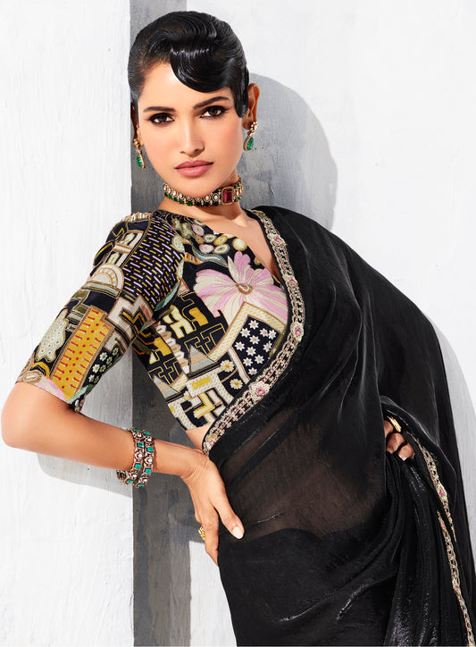 Black Fancy Fabric Embroidered Contemporary Saree