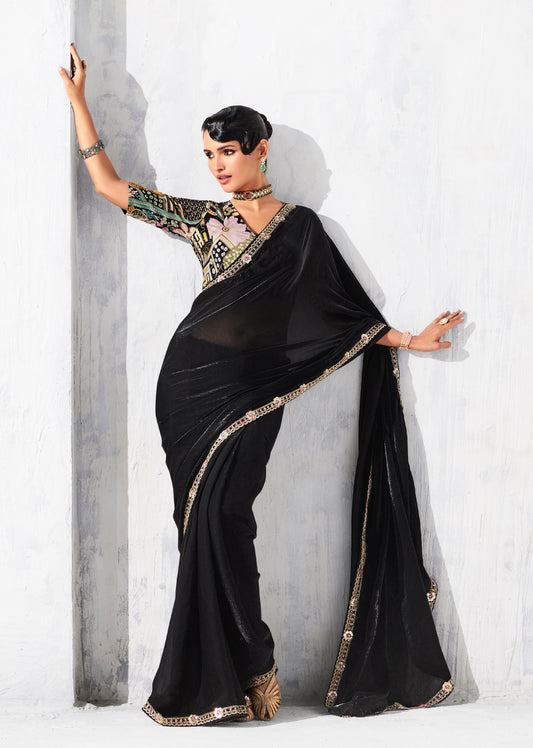 Black Fancy Fabric Embroidered Contemporary Saree