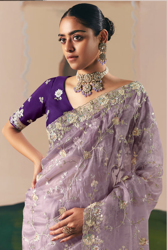 Embroidered Lilac Fancy Fabric Party Designer Saree