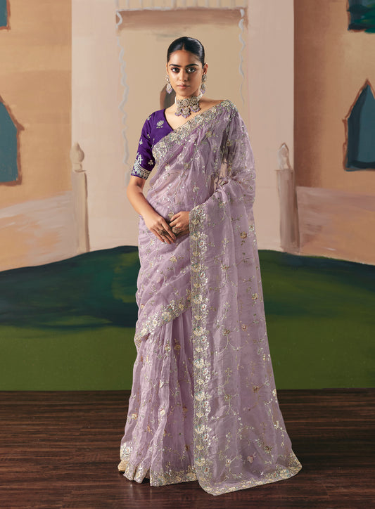 Embroidered Lilac Fancy Fabric Party Designer Saree