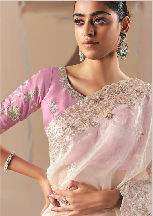 Embroidered Off White Fancy Fabric Party Designer Saree