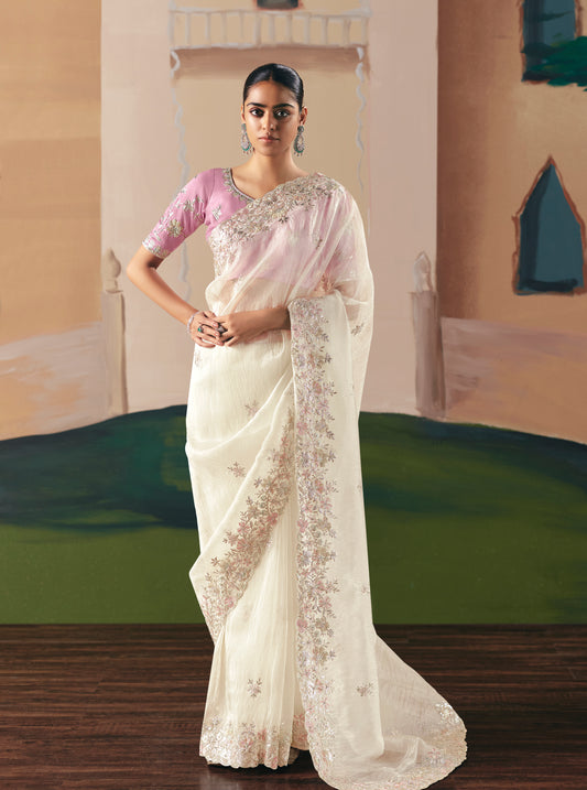 Embroidered Off White Fancy Fabric Party Designer Saree