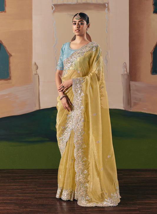 Embroidered Pastel Yellow Fancy Fabric Party Designer Saree