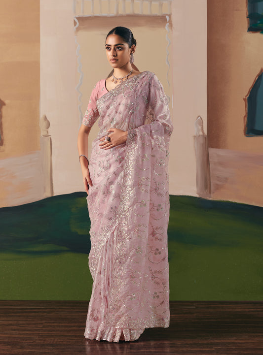 Embroidered Light Pink Fancy Fabric Party Designer Saree