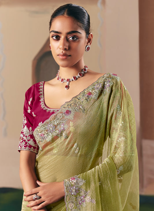 Embroidered Pear Fancy Fabric Party Designer Saree