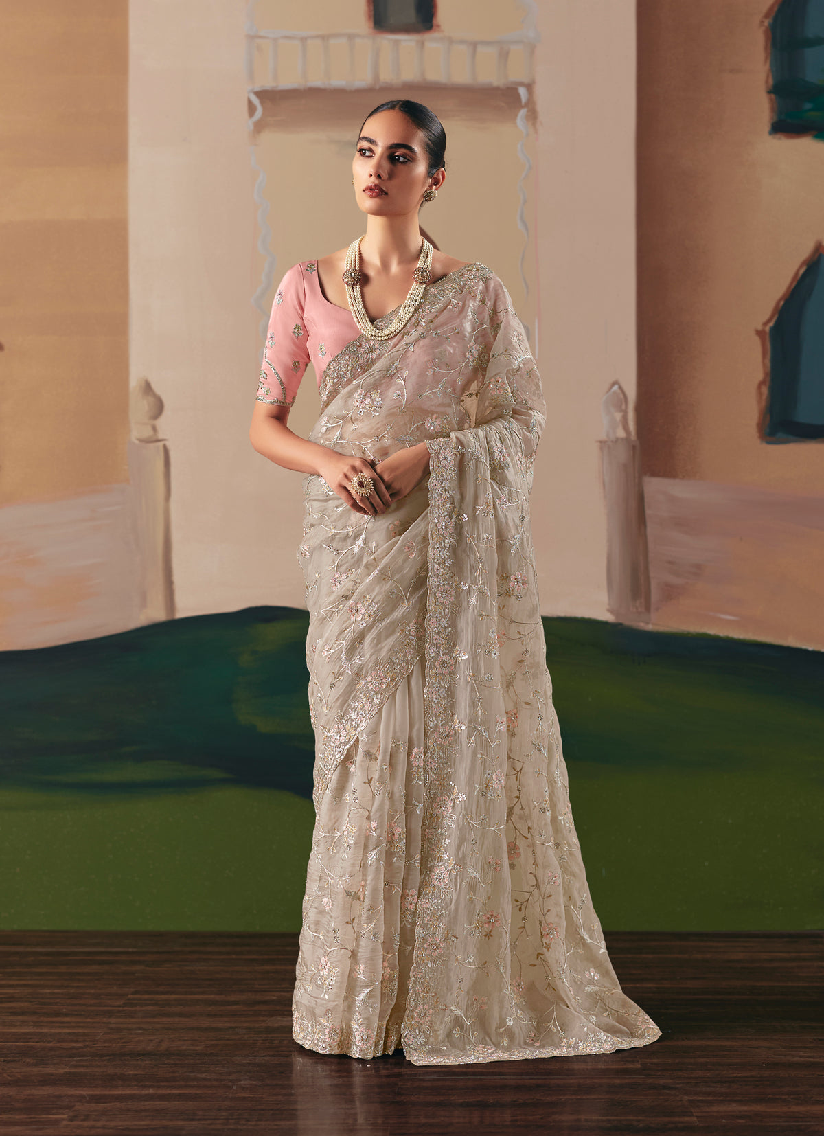 Embroidered Cream Fancy Fabric Party Designer Saree