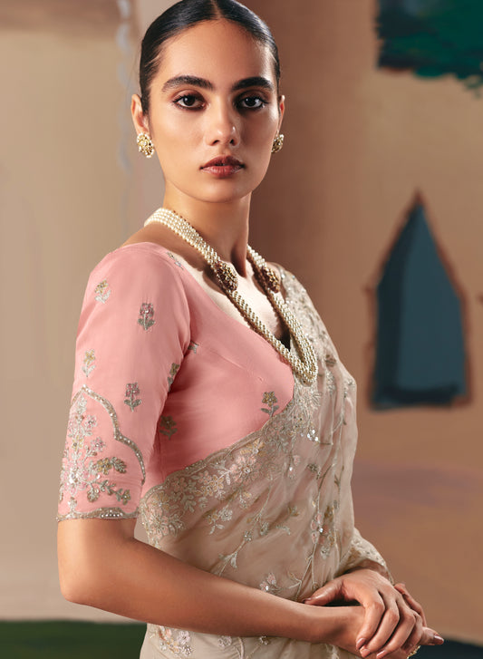 Embroidered Cream Fancy Fabric Party Designer Saree