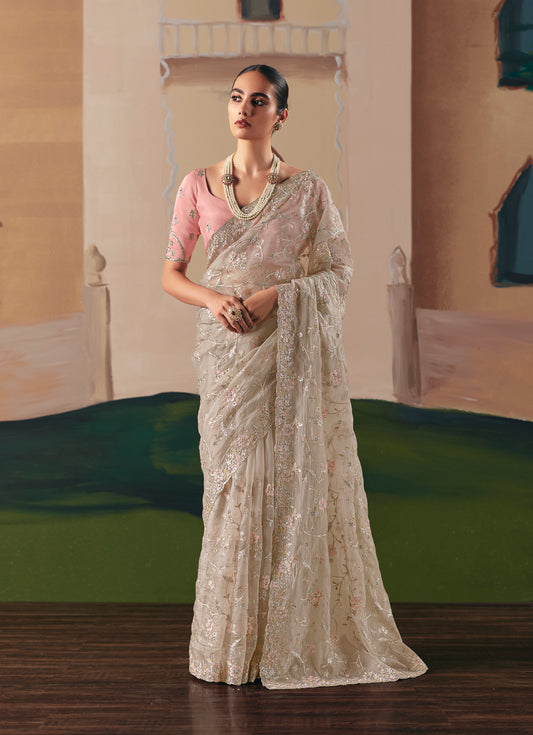 Embroidered Cream Fancy Fabric Party Designer Saree