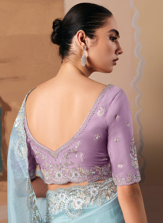Embroidered Sky Blue Fancy Fabric Party Designer Saree