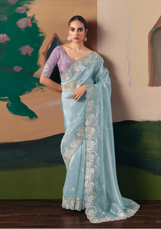 Embroidered Sky Blue Fancy Fabric Party Designer Saree