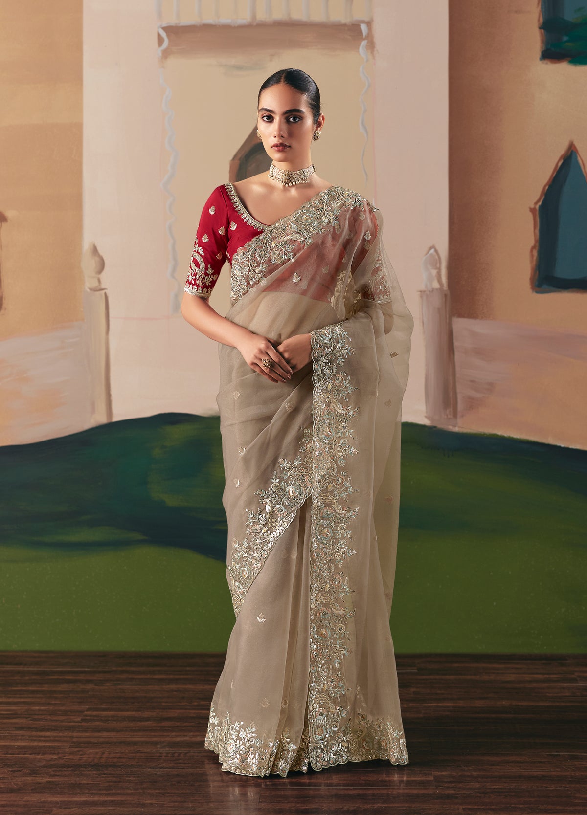 Embroidered Beige Fancy Fabric Party Designer Saree
