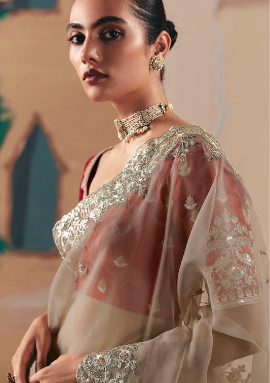 Embroidered Beige Fancy Fabric Party Designer Saree