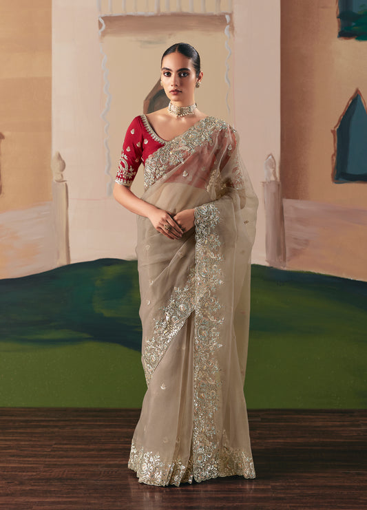Embroidered Beige Fancy Fabric Party Designer Saree