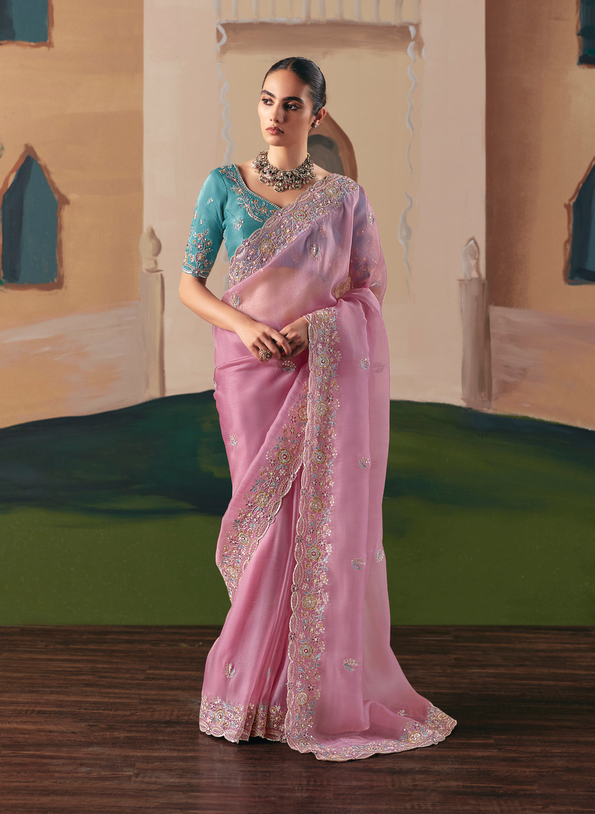 Embroidered Pink Fancy Fabric Party Designer Saree