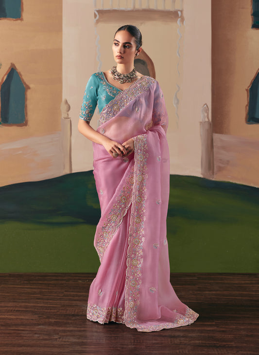Embroidered Pink Fancy Fabric Party Designer Saree