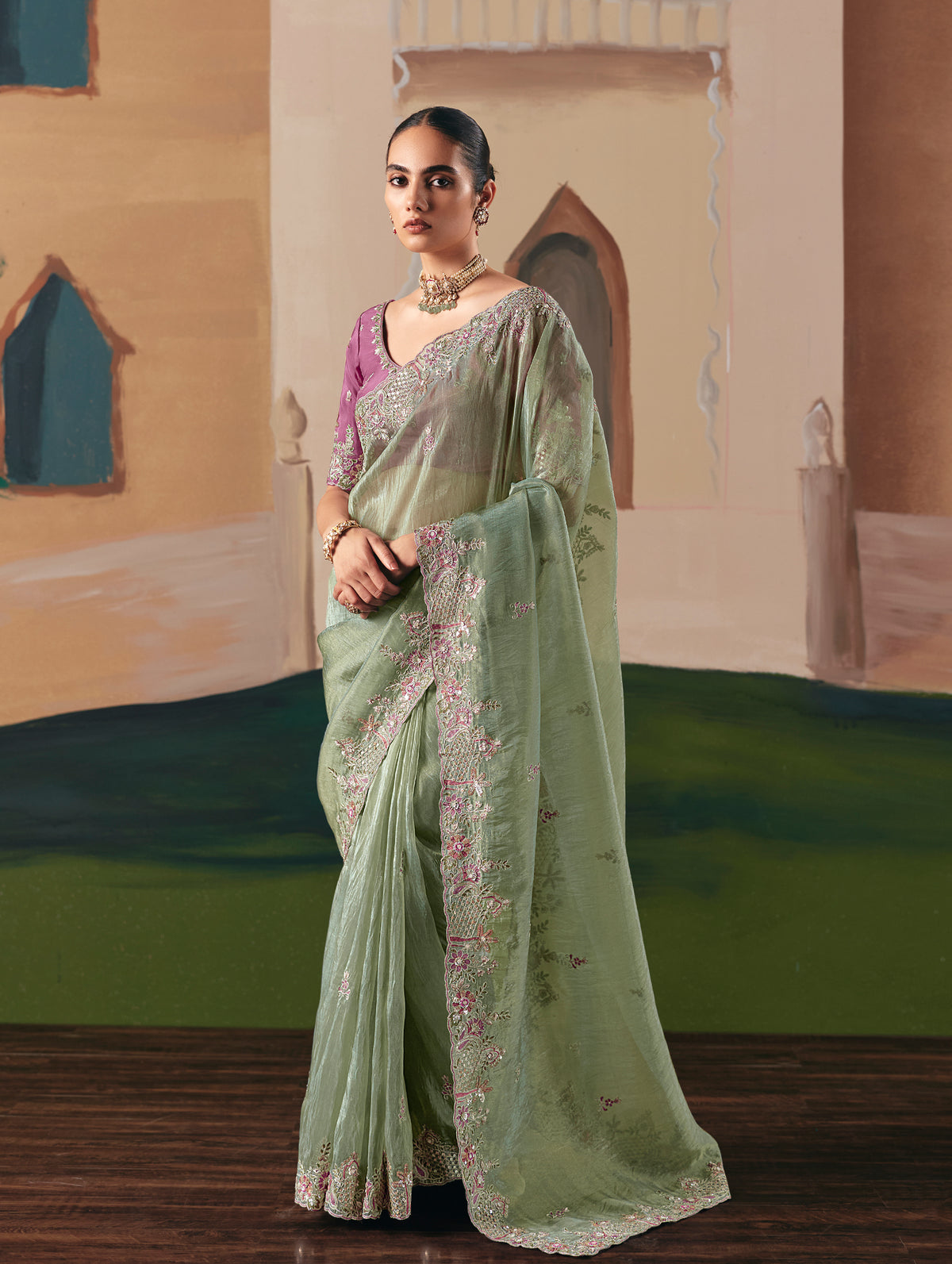 Embroidered Pista Green Fancy Fabric Party Designer Saree