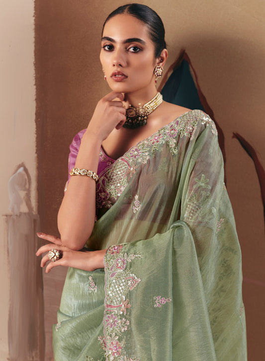 Embroidered Pista Green Fancy Fabric Party Designer Saree