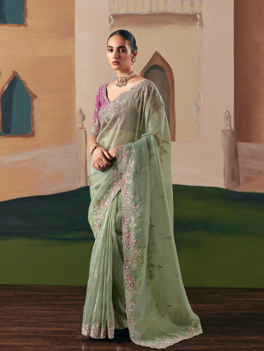 Embroidered Pista Green Fancy Fabric Party Designer Saree