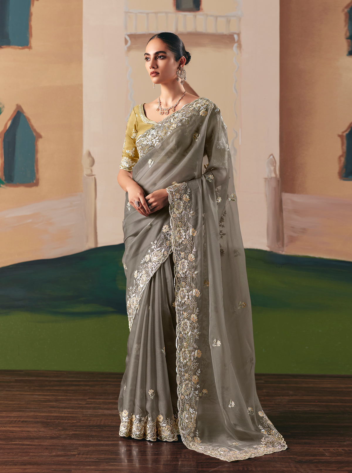 Embroidered Grey Fancy Fabric Party Designer Saree