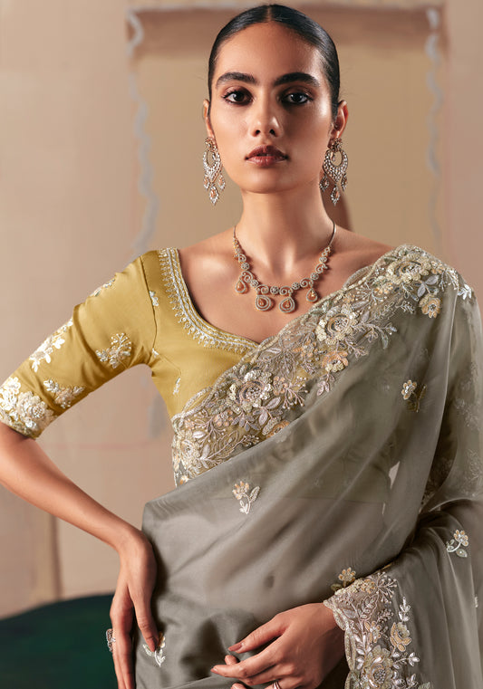 Embroidered Grey Fancy Fabric Party Designer Saree