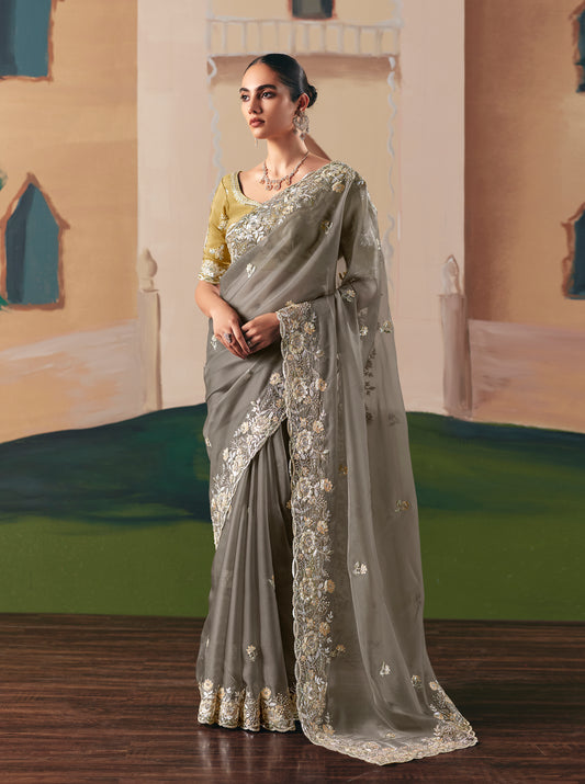 Embroidered Grey Fancy Fabric Party Designer Saree