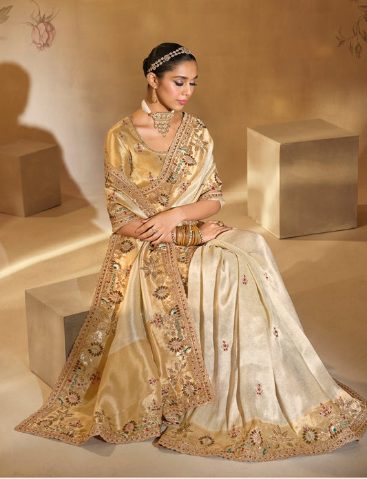 Surpassing Cream Embroidery Cut Dana Moti Work Ziraf Silk Saree With Heavy Work Blouse Piece