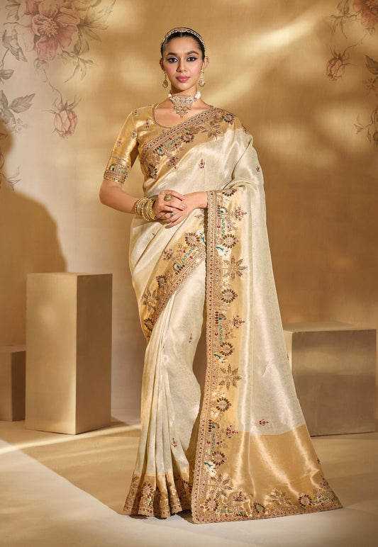 Surpassing Cream Embroidery Cut Dana Moti Work Ziraf Silk Saree With Heavy Work Blouse Piece