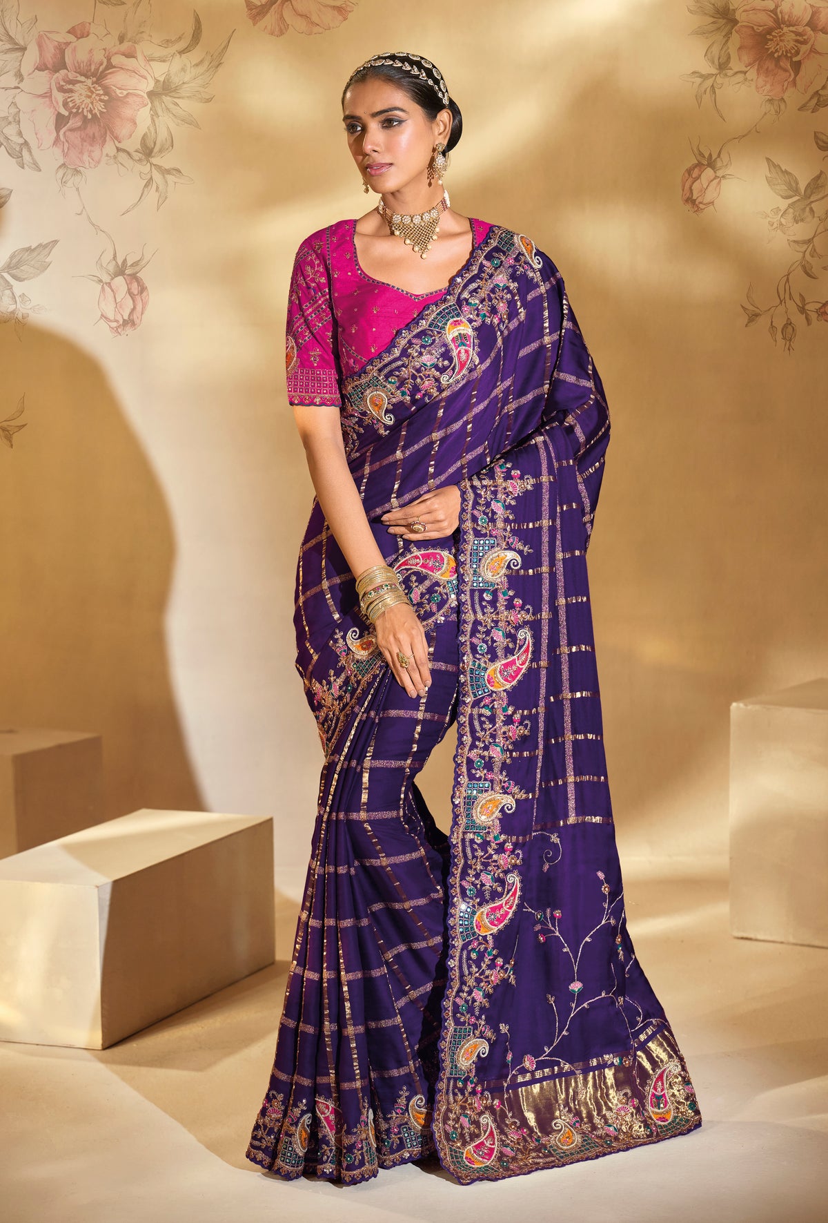 Surpassing Purple Embroidery Cut Dana Moti Work Ziraf Silk Saree With Heavy Work Blouse Piece