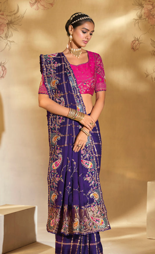 Surpassing Purple Embroidery Cut Dana Moti Work Ziraf Silk Saree With Heavy Work Blouse Piece