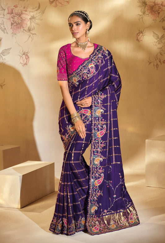 Surpassing Purple Embroidery Cut Dana Moti Work Ziraf Silk Saree With Heavy Work Blouse Piece