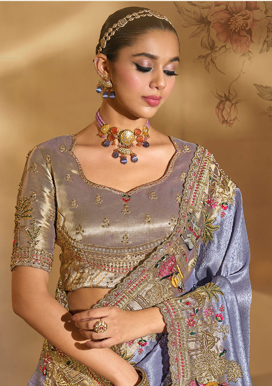 Surpassing Lavender Cut Dana Moti Work Ziraf Silk Saree With Heavy Work Blouse Piece