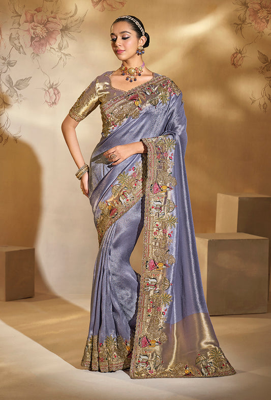 Surpassing Lavender Cut Dana Moti Work Ziraf Silk Saree With Heavy Work Blouse Piece