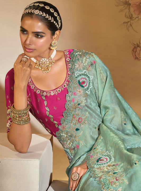 Surpassing Sea Green Embroidery Cut Dana Moti Work Kanchipuram Silk Saree