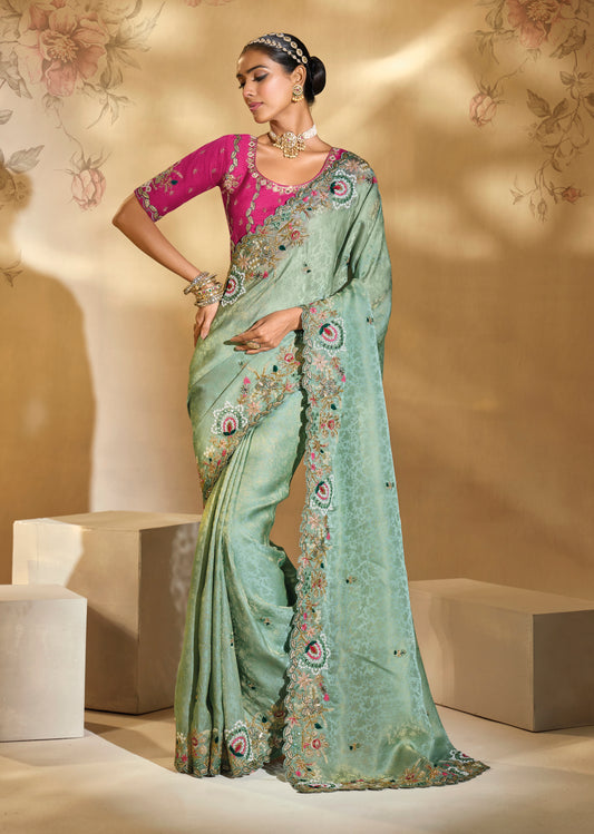 Surpassing Sea Green Embroidery Cut Dana Moti Work Kanchipuram Silk Saree