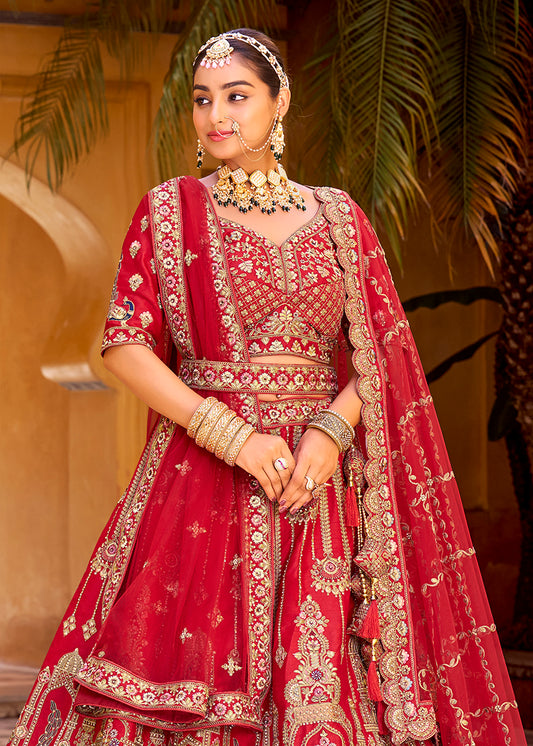 Red Heavy Zarkan Diamond & Mirror Hand Embroidery Silk Bridal Lehenga Choli With Double Dupatta