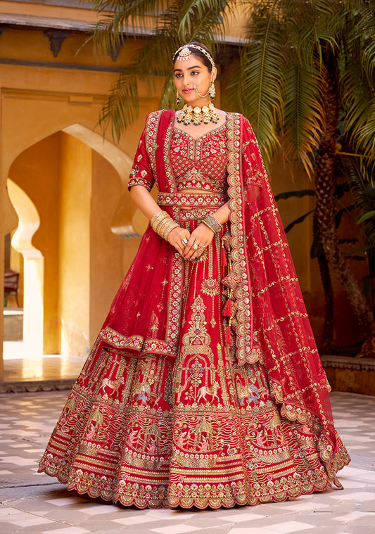Red Heavy Zarkan Diamond & Mirror Hand Embroidery Silk Bridal Lehenga Choli With Double Dupatta