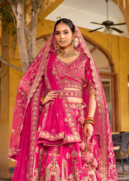 Rani Pink Heavy Zarkan Diamond & Mirror Hand Embroidery Silk Bridal Lehenga Choli With Double Dupatta