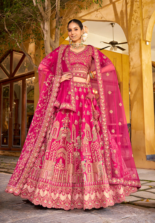 Rani Pink Heavy Zarkan Diamond & Mirror Hand Embroidery Silk Bridal Lehenga Choli With Double Dupatta