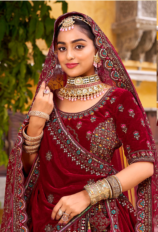 Maroon Heavy Zarkan Diamond & Mirror Hand Embroidery Velvet Bridal Lehenga Choli With Double Dupatta