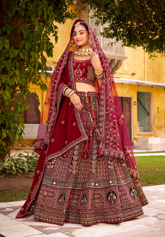 Maroon Heavy Zarkan Diamond & Mirror Hand Embroidery Velvet Bridal Lehenga Choli With Double Dupatta