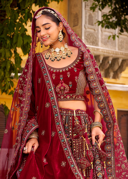 Maroon Heavy Zarkan Diamond & Mirror Hand Embroidery Velvet Bridal Lehenga Choli With Double Dupatta (Copy)