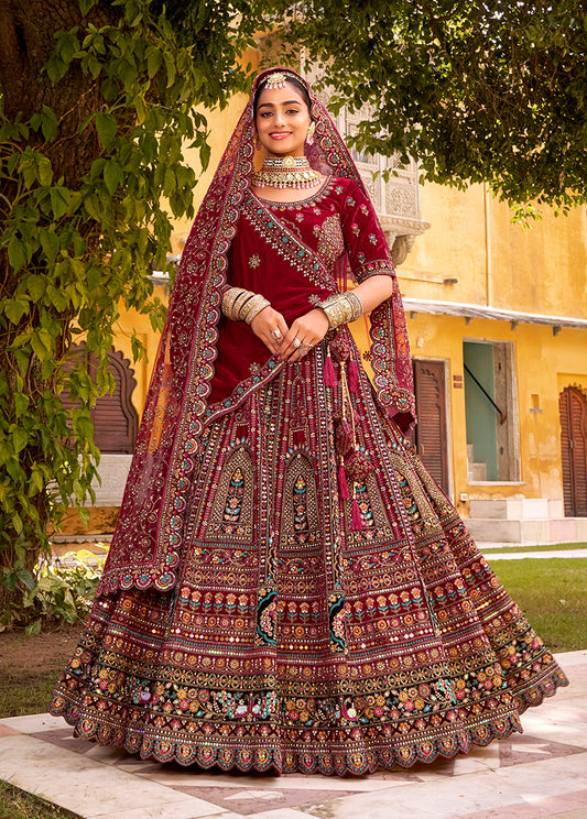 Maroon Heavy Zarkan Diamond & Mirror Hand Embroidery Velvet Bridal Lehenga Choli With Double Dupatta (Copy)