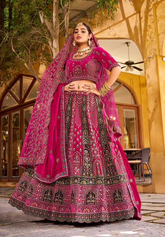 Rani Pink Heavy Zarkan Diamond & Mirror Hand Embroidery Velvet Bridal Lehenga Choli With Double Dupatta